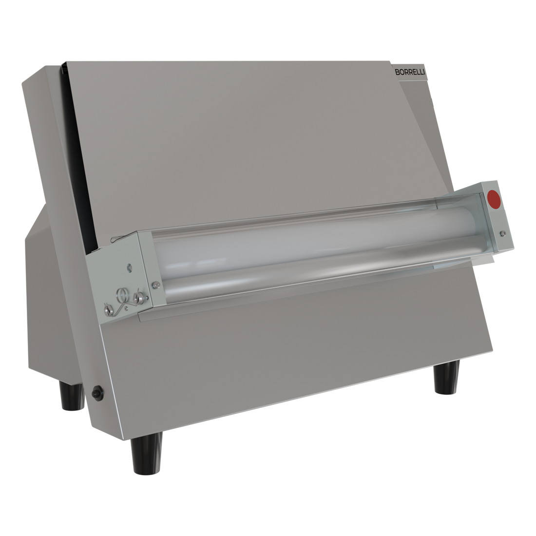 Optimize Your Dough Preparation with the Commercial 18" Horizontal Dough Roller. This specialized dough roller is designed for commercial bakeries, providing precision and efficiency in dough processing. Angle_view.