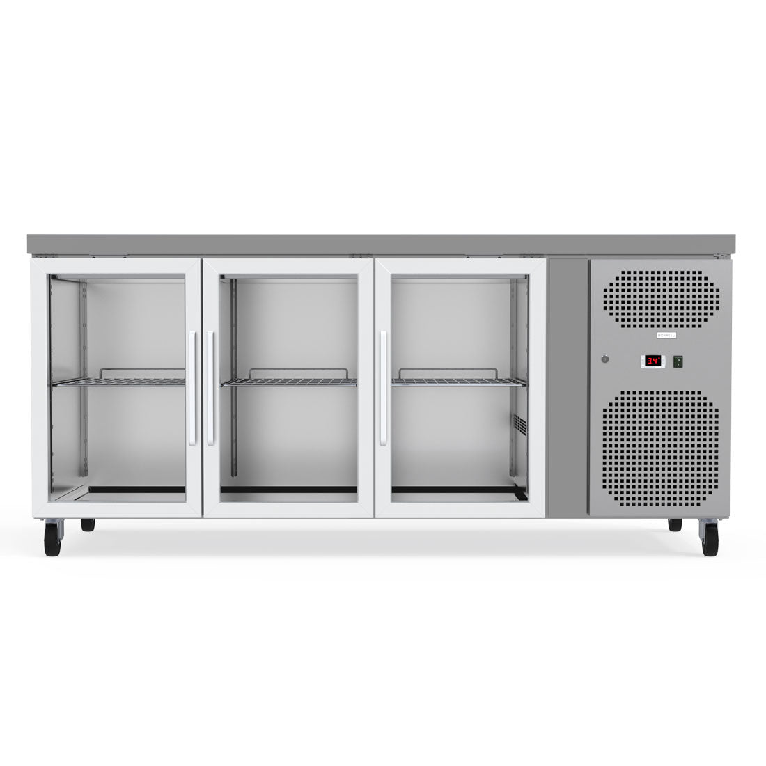 High-Capacity 403L Commercial Counter Fridge, Perfect For Busy Kitchens And Food Service Establishments. Spacious Interior With Adjustable Shelving To Accommodate Various Products.  Front Empty Image.