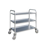 Enhance Your Service Efficiency with our 3-Tier Stainless Steel Dining/Clearing Trolley. Crafted for durability and versatility, this trolley is designed for use in restaurants, hotels, and catering services. Angle_view.