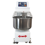 Front view of Borrelli 130Litre Spiral Dough Mixer with guard in place, showcasing the robust stainless steel bowl and user-friendly control panel for commercial baking needs.