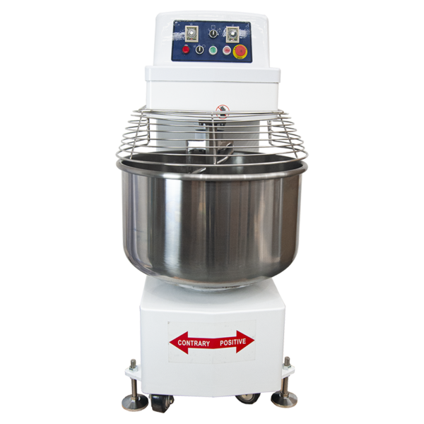 Front view of Borrelli 130Litre Spiral Dough Mixer with guard in place, showcasing the robust stainless steel bowl and user-friendly control panel for commercial baking needs.