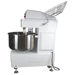 Side view of Borrelli 130Litre Spiral Dough Mixer with safety guard raised, highlighting the mixer’s accessibility for cleaning and maintenance in a professional bakery setting.