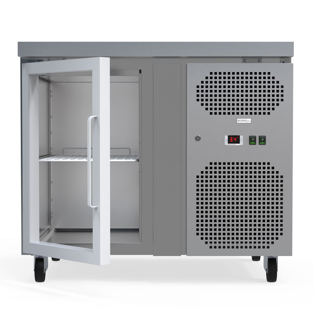 Compact And Sleek 115L Commercial Counter Fridge, Ideal For Cafes And Small Eateries. Efficiently Stores Perishables While Saving Space. Front Door Opening Image.