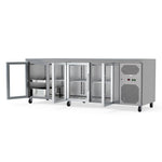 Spacious 545L Commercial Counter Fridge, Ideal For Busy Food Service Operations. Adjustable Shelving Offers Versatile Storage Options. Empty Front Angle Door Opening  Image.