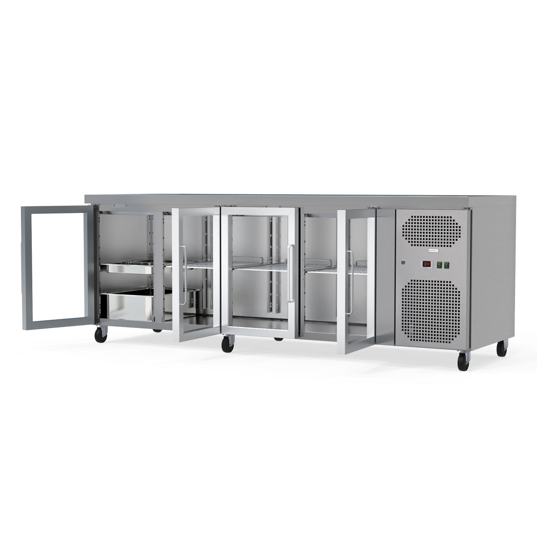 Spacious 545L Commercial Counter Fridge, Ideal For Busy Food Service Operations. Adjustable Shelving Offers Versatile Storage Options. Empty Front Angle Door Opening  Image.