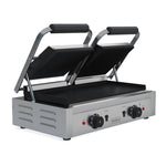 Transform Your Kitchen Operations with the Borrelli Versatile Twin Contact Grill featuring a Ribbed Top and Flat Bottom – An Essential for Every Professional Kitchen.Angle_view_bothLidsOpen.