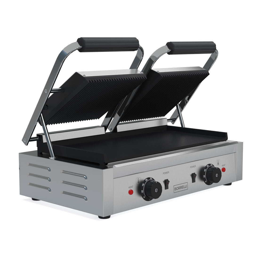 Transform Your Kitchen Operations with the Borrelli Versatile Twin Contact Grill featuring a Ribbed Top and Flat Bottom – An Essential for Every Professional Kitchen.Angle_view_bothLidsOpen.