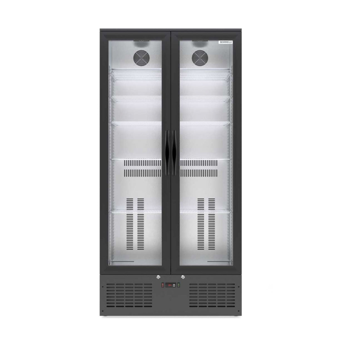 Empty Borrelli 510U commercial bar fridge with closed glass doors, showcasing a sleek and modern design.