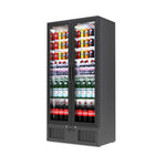 Angled view of Borrelli 510U commercial bar fridge, fully stocked and illuminated, highlighting the spacious interior and energy-efficient lighting.