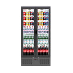 Borrelli 510U commercial bar fridge fully stocked with assorted beverages, showcasing product visibility through closed glass doors.