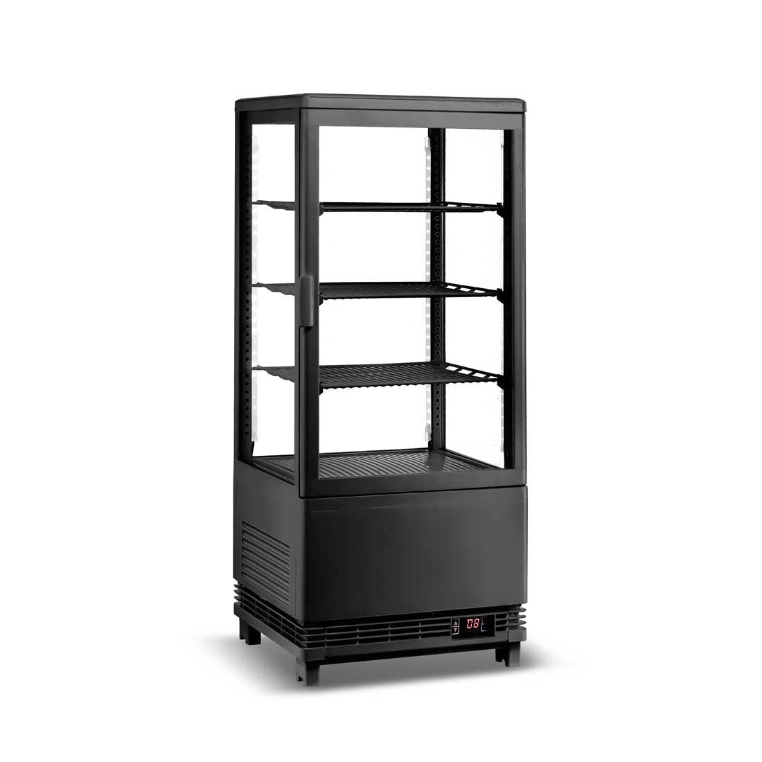 Borrelli 78L refrigerated food display showcase in black with LED lighting, angled view