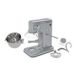 Borrelli 7L commercial planetary mixer, compact and versatile for small to medium baking tasks, includes detailed views with attachments