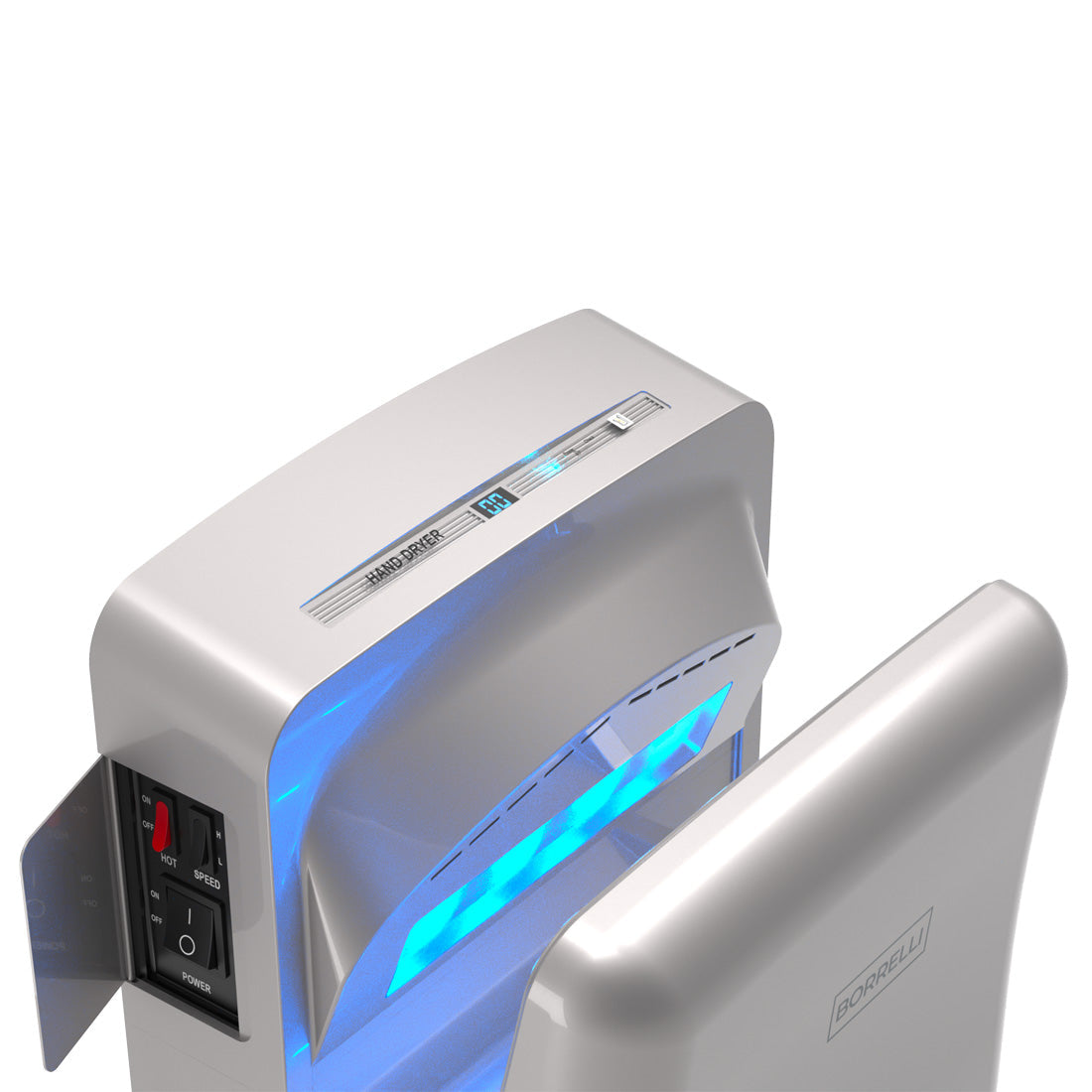 Automatic Jet Hand Dryer, Perfect for High-Traffic Restrooms. Rapid Drying Technology for Quick and Hygienic Results. Top Angle Image.