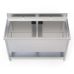Dual-bowl commercial stainless steel potwash sink, featuring large capacity for high-volume kitchens, with durable construction and easy-to-clean surfaces