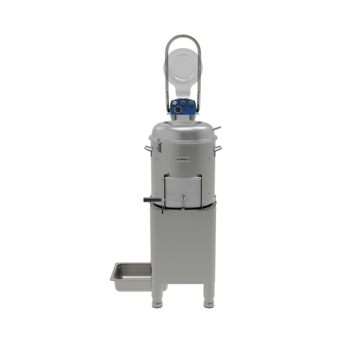 Front view of Borrelli 20kg potato peeler with door open, revealing the spacious interior.