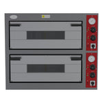 Front view of a closed Borrelli commercial twin deck pizza oven, highlighting the durable construction and independent deck controls for precision baking.