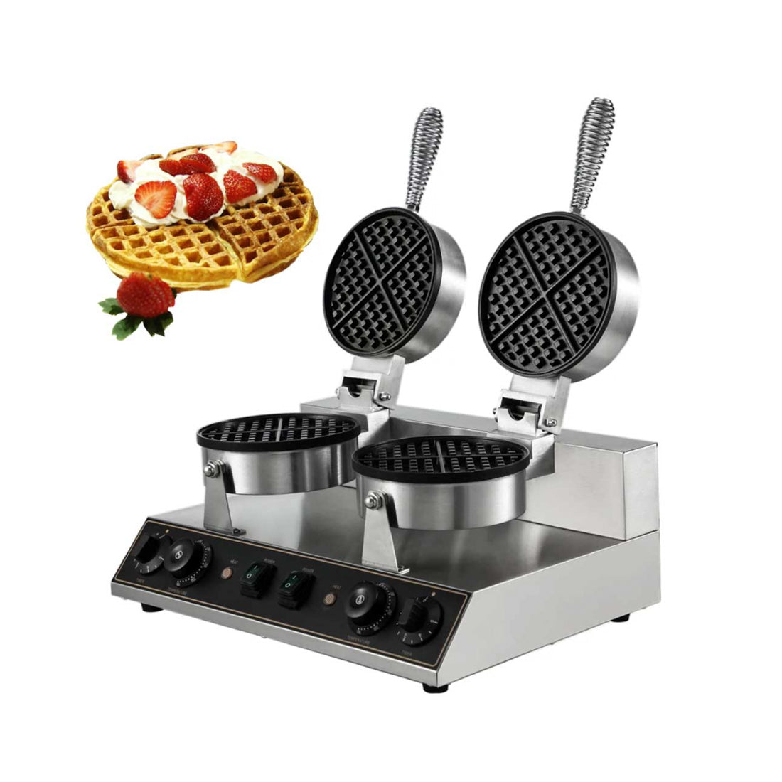 Double Belgian waffle maker by Borrelli, open with floating waffle and strawberries.