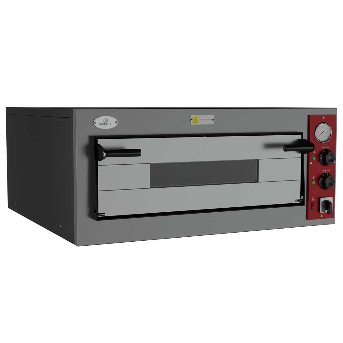 Angled perspective of the Borrelli single deck pizza oven 450, emphasizing the compact size and efficient design, suitable for professional kitchens and pizzerias.