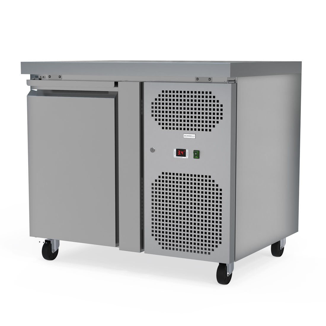 "Front view of a Borrelli single door stainless steel commercial counter fridge, featuring a closed door with ventilation grill for optimal cooling performance.