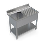 Left side angle view of a Borrelli stainless steel 1000mm single bowl sink with right-hand draining board, highlighting the profile and depth of the sink.