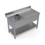 Left side angle view of a 1200mm single bowl stainless steel sink with a right-hand drainer, emphasizing the practical design for busy commercial kitchens.