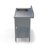 Side view of a Borrelli 1200mm commercial stainless steel sink with a right-hand draining board, showcasing the sleek finish and robust construction.