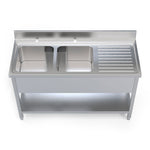 Front overhead perspective of a 1400mm Borrelli commercial double bowl sink, emphasizing the ergonomic design with a right hand draining board for kitchen efficiency.