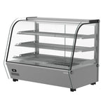 Left angled view of a160-liter commercial heated countertop display, with its glass door slightly ajar revealing multiple adjustable shelves and the internal lighting that enhances food presentation