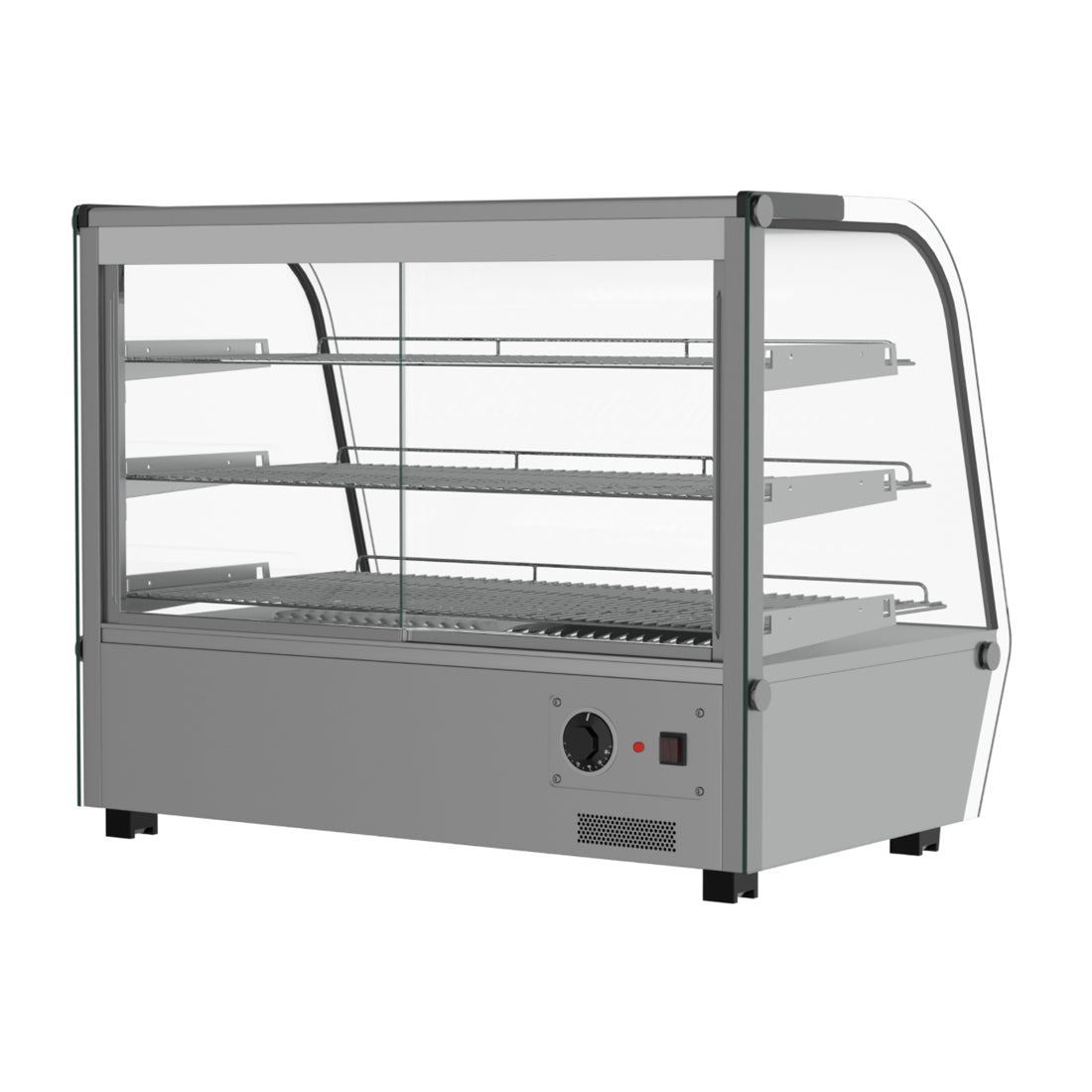 Rear view of a 160-liter commercial heated countertop display showcasing its sleek black back panel and sturdy metallic stand, with a clear indication of the power supply cord