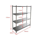 Borrelli 1800mm wide 4-tier stainless steel rack angled view with dimensions, ideal for highlighting its robust frame and ample storage space for kitchen equipment.