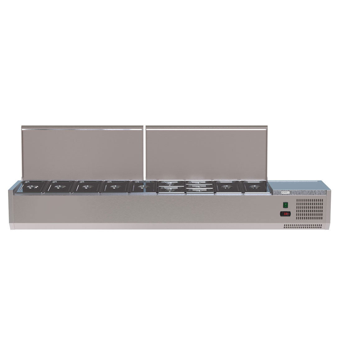 VRX Servery 2000mm with lids open showcasing its spacious stainless steel compartments for food display and temperature maintenance.