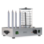 Front view of an energy-efficient hot dog heating machine with four bun spikes and a visible Borrelli branding, designed for continuous use in fast-paced food environments.