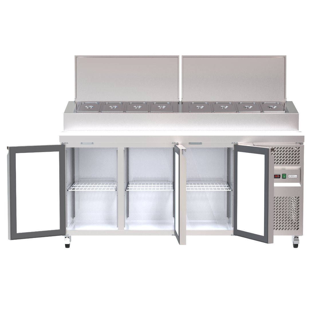403L Prep Fridge, Ideal for Busy Kitchen Environments. Versatile Interior Layout for Efficient Ingredient Organisation. Front Door Opening Image.