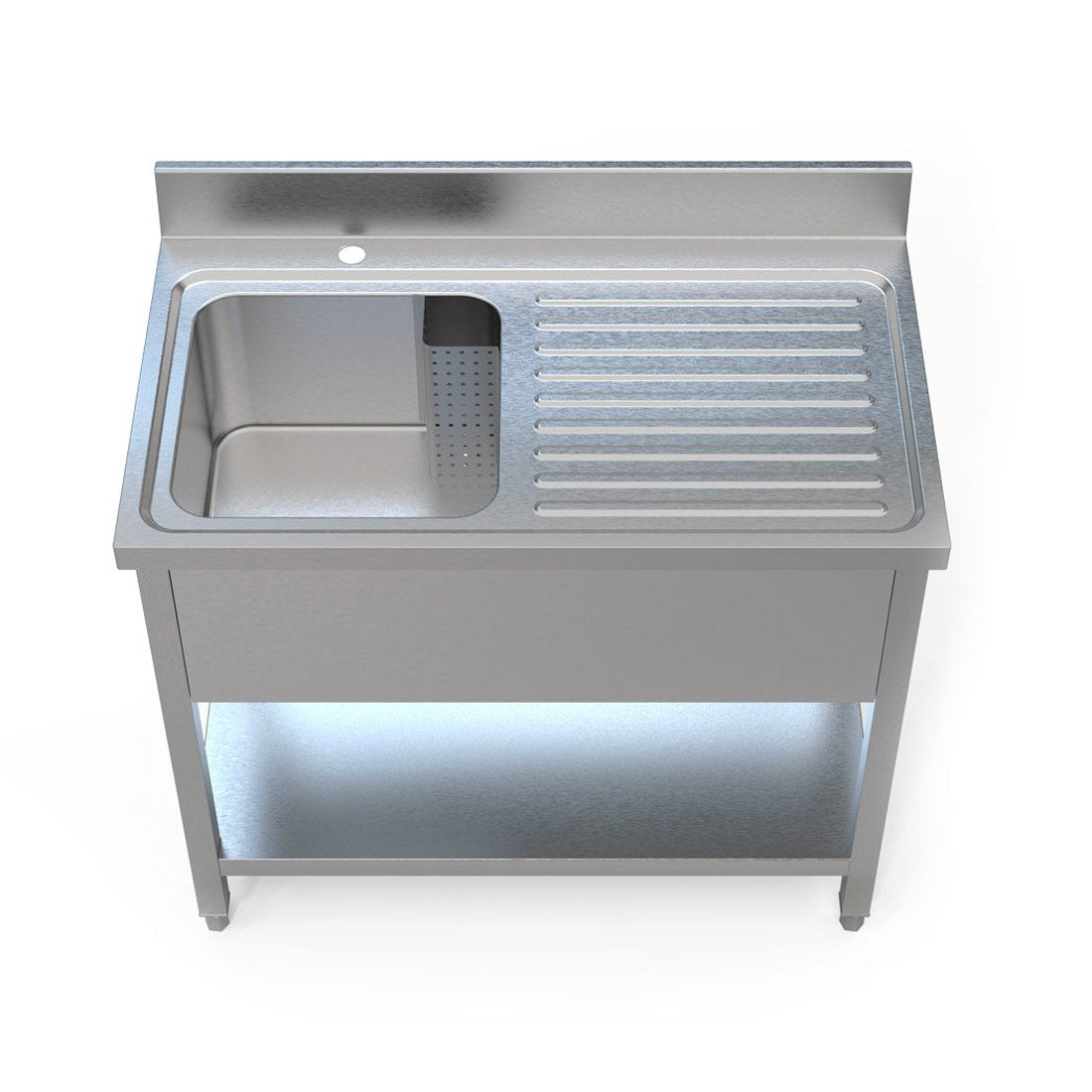 Front overhead perspective of a Borrelli stainless steel 1000mm single bowl sink with right-hand draining board, combining the frontal elevation with the top-down layout.