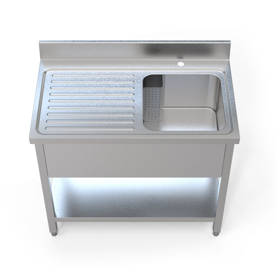 Upgrade Your Kitchen Workspace with our Robust Commercial Single Bowl Stainless Steel Sink (1000mm) featuring a Left Hand Drainer. Crafted for commercial use, this sink combines durability with practical design. Front view.