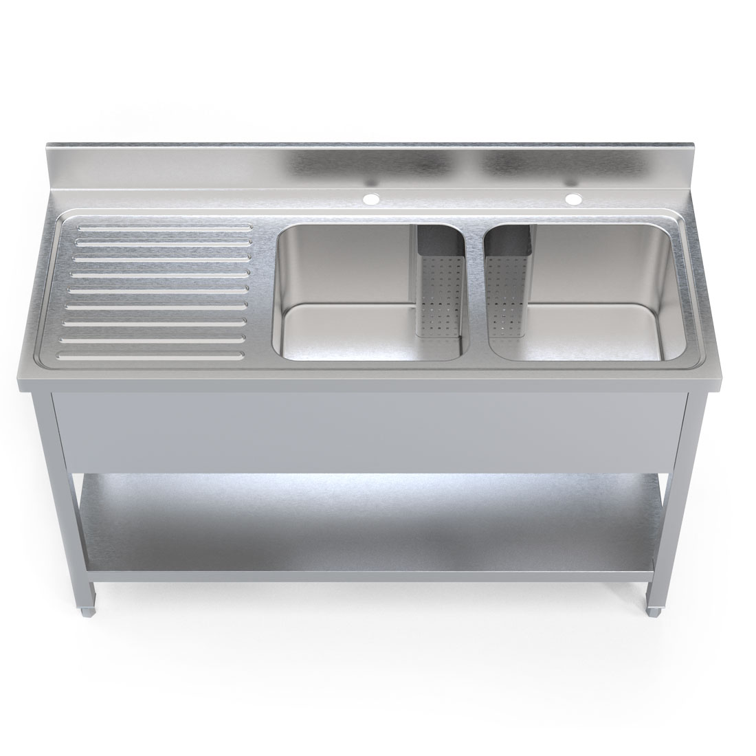 Front view of Borrelli Stainless Steel Double Bowl Sink 1400mm with Left Hand Drainer, featuring a sleek and durable design for high-use commercial kitchens