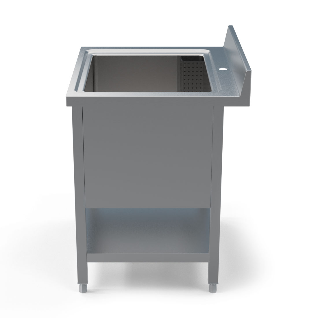 Side view of Borrelli heavy-duty pot wash sink in stainless steel, 800mm, with spacious single bowl and bottom shelf for additional storage.