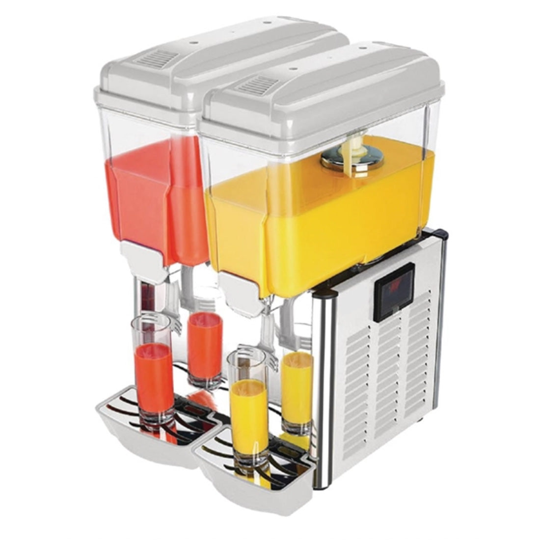24L Twin Tank Refrigerated Juice Dispenser, Perfect for Serving Refreshing Drinks. Robust Construction for Durability and Reliability. Efficient Cooling System Keeps Beverages Chilled. Front Angle Image.