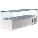 Upgrade Your Food Preparation Area with our Professional VRX Glass Servery - 1200mm x 380mm Counter Top Prep Fridge. This commercial-grade prep fridge is meticulously designed for professional kitchens.With_pans_angle_view.