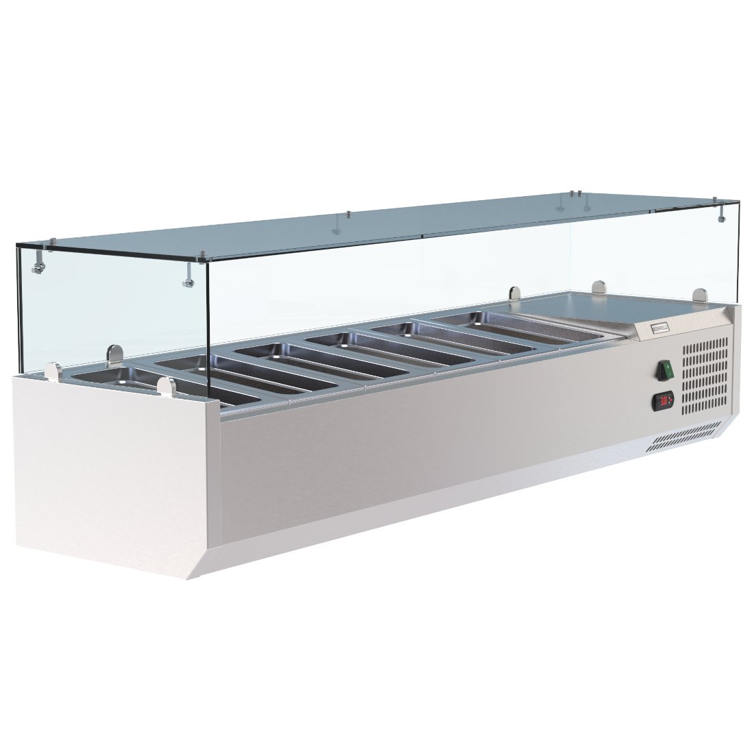 Upgrade Your Food Preparation Area with our Professional VRX Glass Servery - 1500mm x 380mm Counter Top Prep Fridge. This commercial-grade prep fridge is meticulously designed for professional kitchens. Angle_view_without Pans.